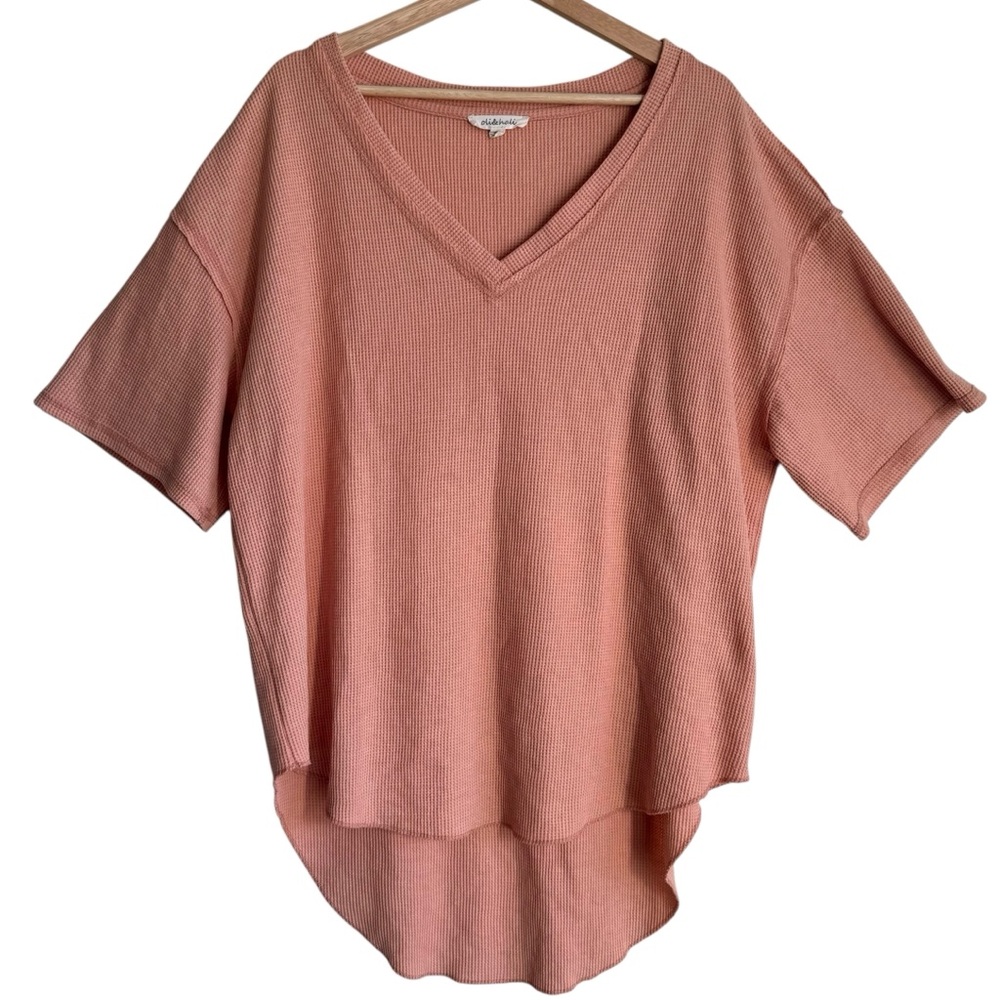 Oil & Hali Dusty Rose Waffle Knit V-Neck Hi-Low Top Short Sleeve Size Medium